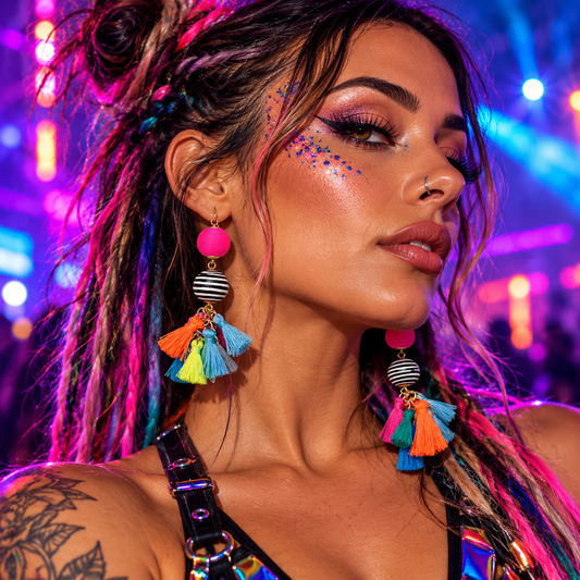 Colourful tassel earrings with neon beads worn by a woman at a vibrant festival rave