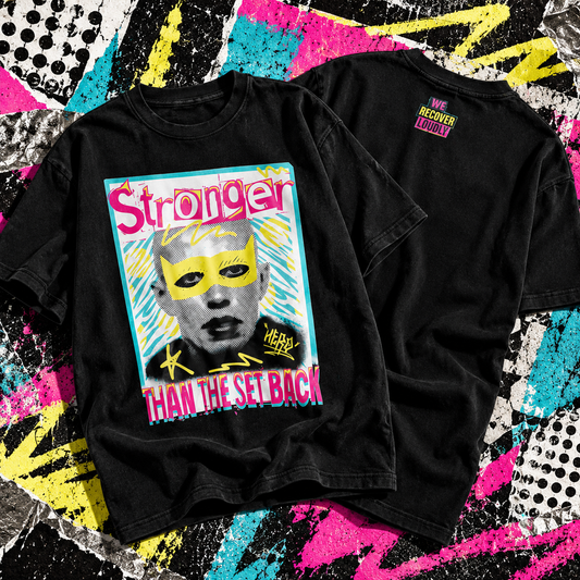 Black Comeback Stronger graphic tee with colourful Matthew Oldfield design