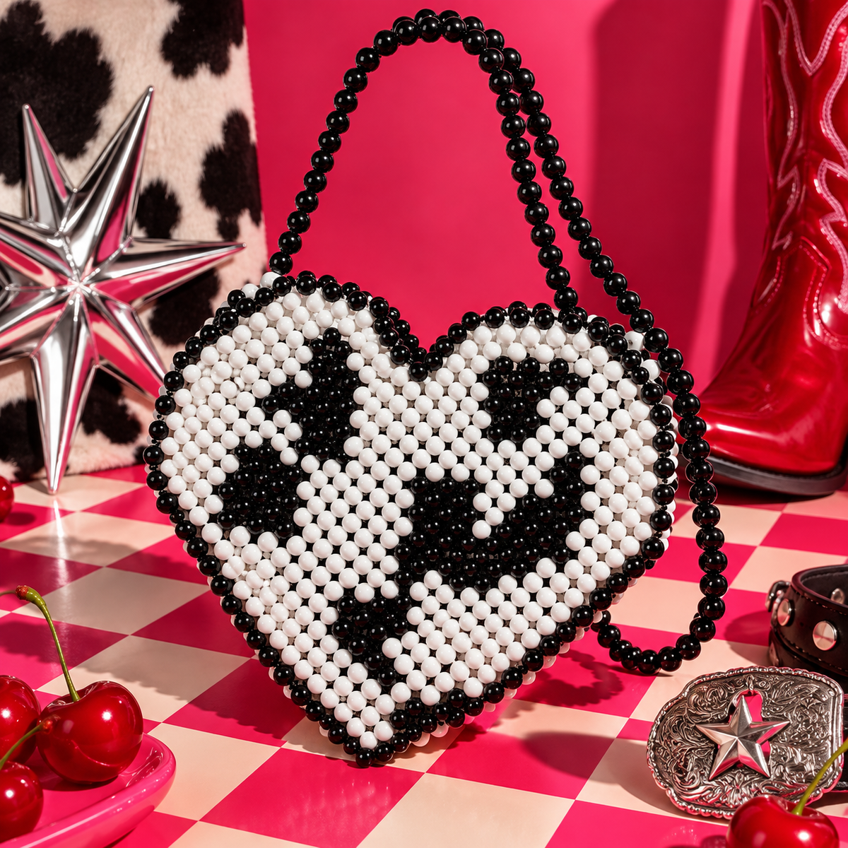 Black and white cow print heart-shaped bead bag with black beaded handle by Cuteryko
