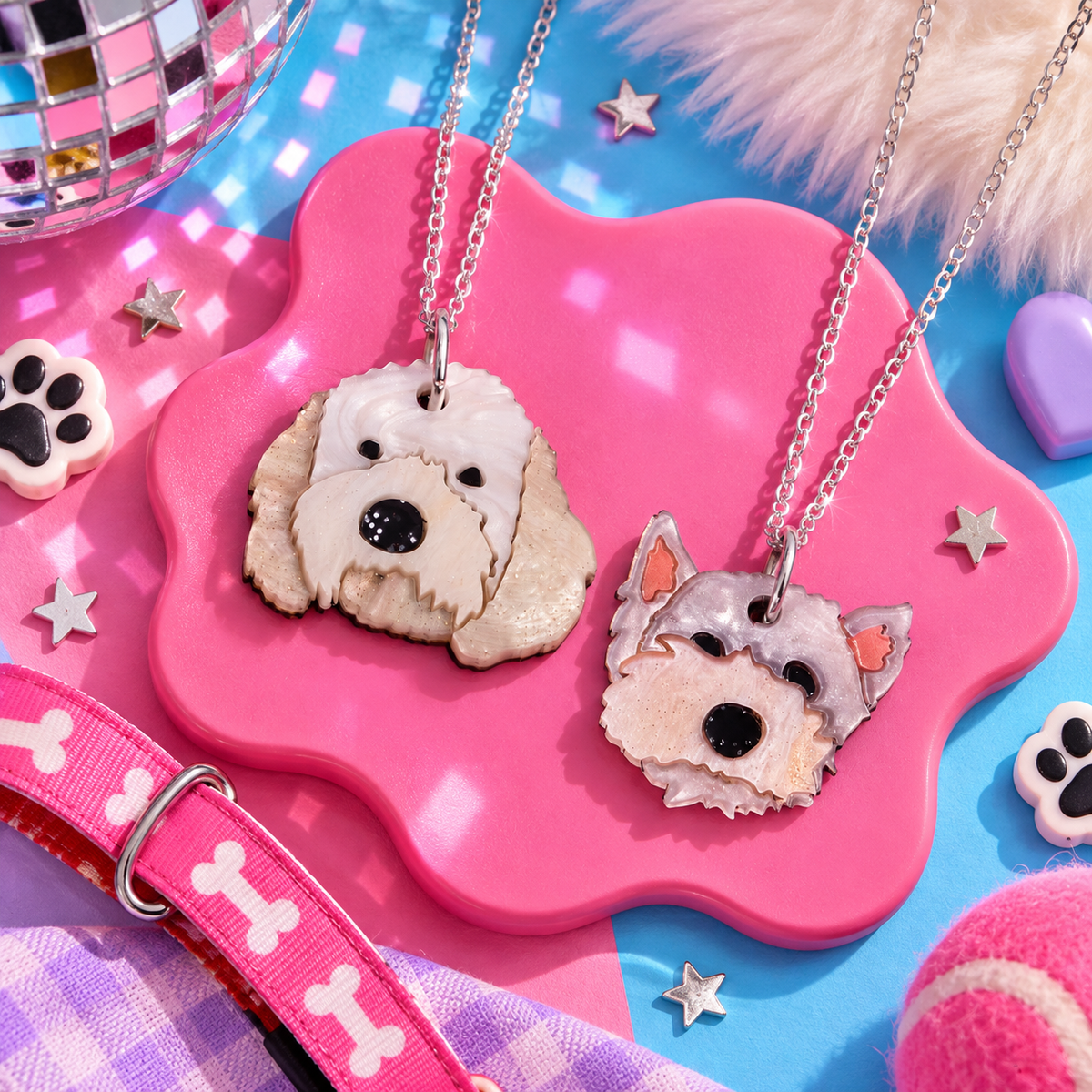 Custom pet necklace featuring personalised dog portrait pendant by Cuteryko