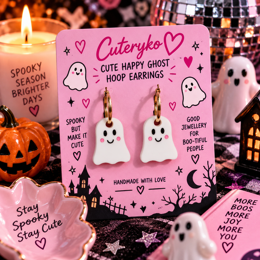Cute Happy Ghost hoop earrings with white ghost charms, smiling faces and pink cheeks by Cuteryko