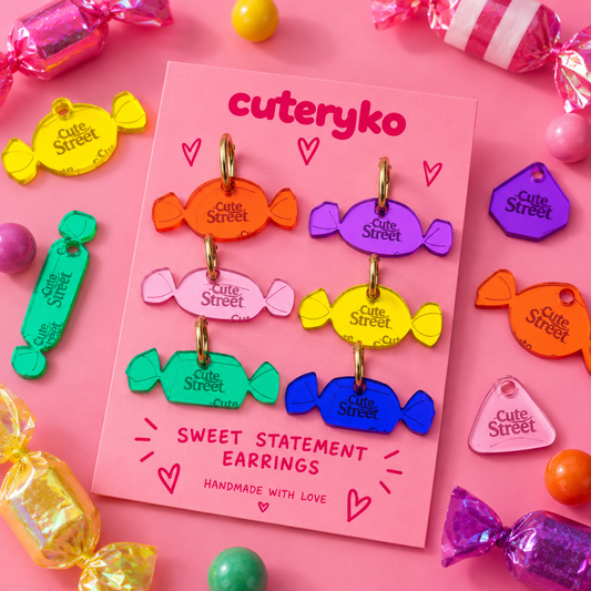 Cute Street Sweets hoop earrings with colourful acrylic candy charms by Cuteryko