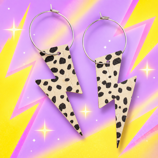 Dalmatian print cork lightning bolt hoop earrings with stainless steel hoops