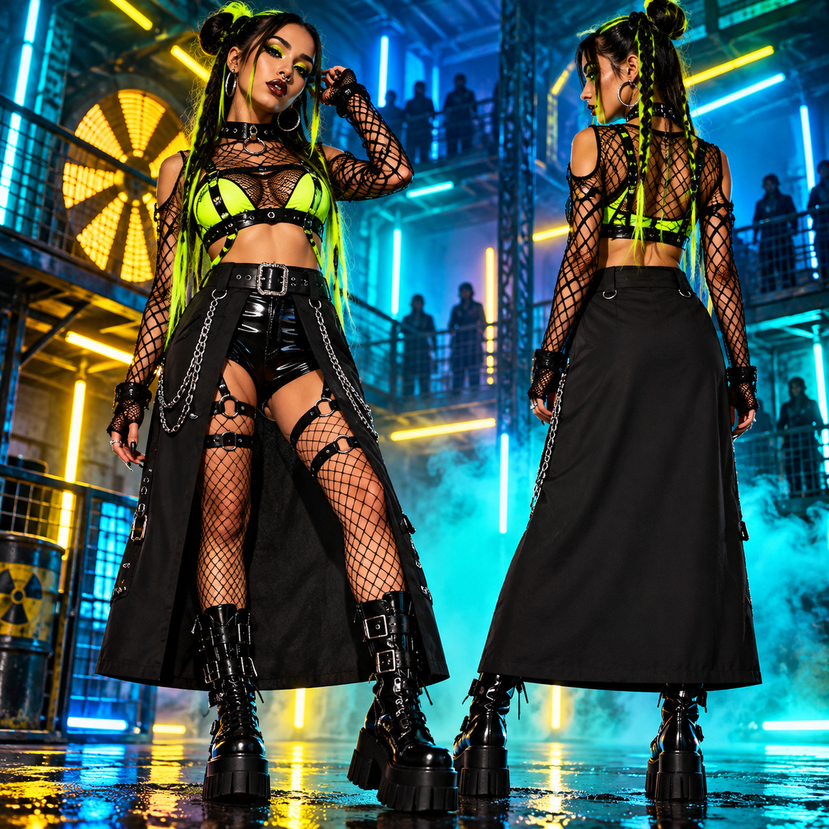 Dark in Love black chain belt split-front overskirt with silver buckles and heavy chains styled over neon ravewear in an industrial club.