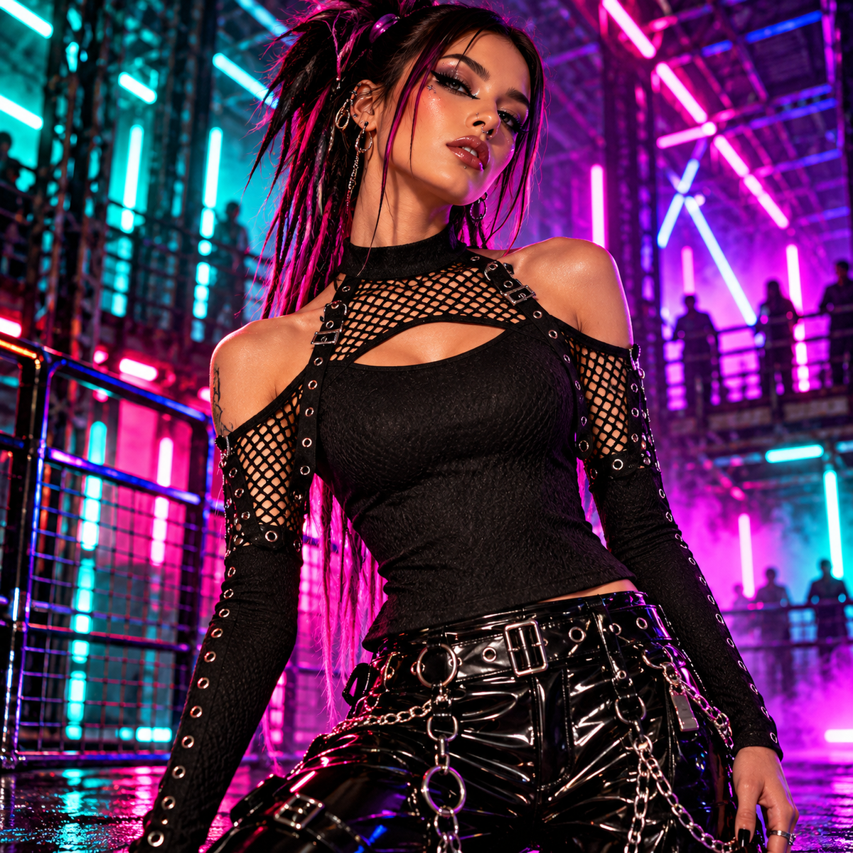 Black Dark in Love Kadin mesh cut-out halter top with eyelet sleeves styled with glossy PVC rave trousers in a neon warehouse club