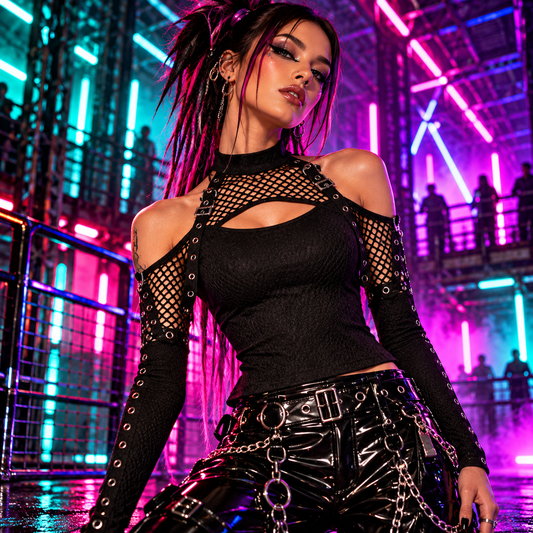 Black Dark in Love Kadin mesh cut-out halter top with eyelet sleeves styled with glossy PVC rave trousers in a neon warehouse club