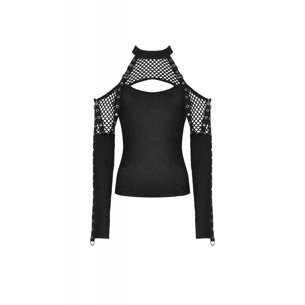 Black Mesh Cut-Out Halter Top with Eyelet Sleeves | Dark in Love
