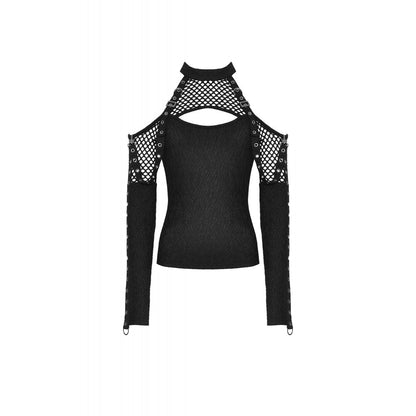 Black Mesh Cut-Out Halter Top with Eyelet Sleeves | Dark in Love