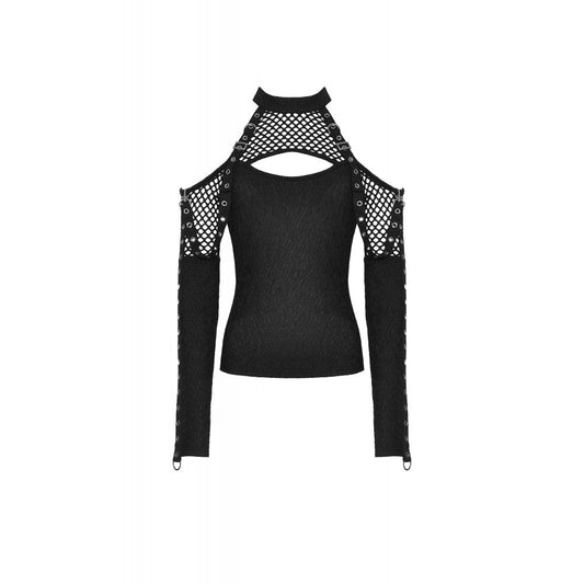 Black Mesh Cut-Out Halter Top with Eyelet Sleeves | Dark in Love