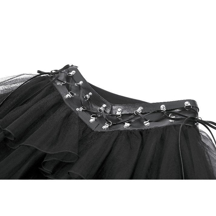 Black Layered Tulle Goth Mini Skirt with Studded PU Waist | Dark In Love
