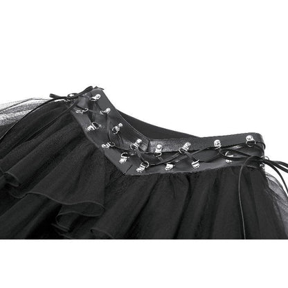 Black Layered Tulle Goth Mini Skirt with Studded PU Waist | Dark In Love