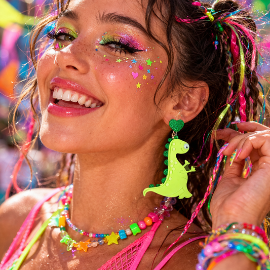 Model wearing dinosaur earrings festival outfit UK