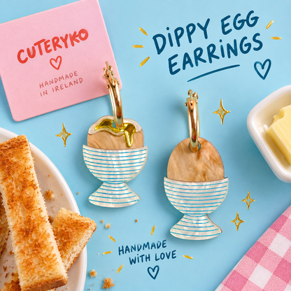 Dippy Egg hoop earrings with runny yolks in blue striped egg cups by Cuteryko