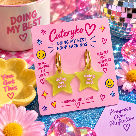 Doing My Best hoop earrings with translucent yellow star charms and pink lettering by Cuteryko
