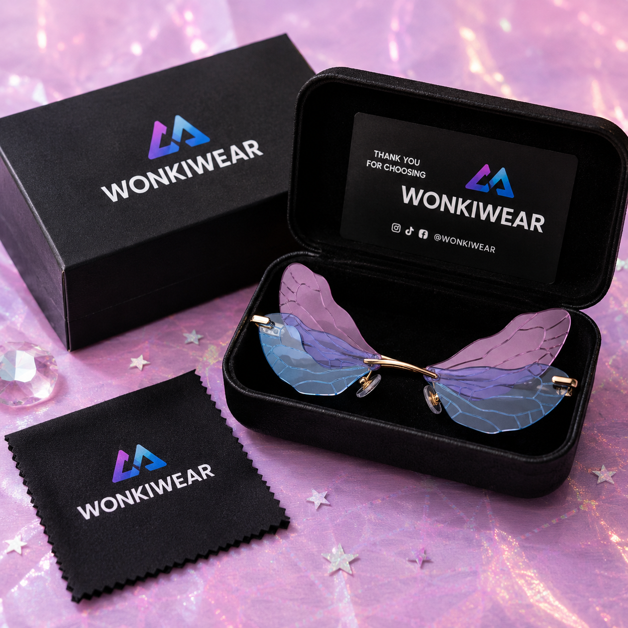 Lilac blue dragonfly wing sunglasses in WonkiWear premium gift box