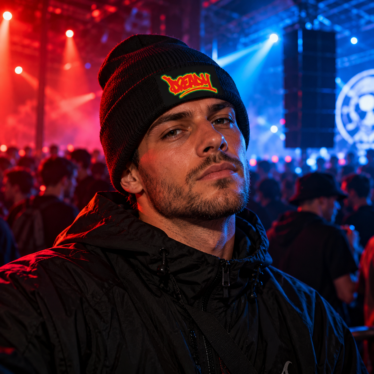 Man wearing a black Dready logo beanie with alternative streetwear at a drum and bass rave, surrounded by dramatic red and blue warehouse club lighting