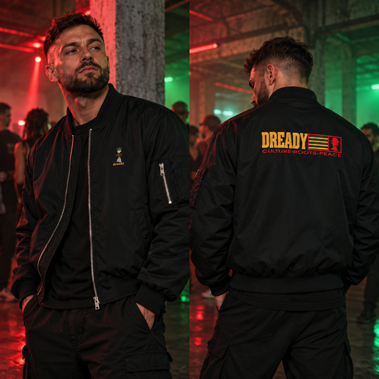 Dready Culture black bomber jacket styled for an underground techno rave, featuring embroidered chest and back graphics, modelled in a neon-lit warehouse club.