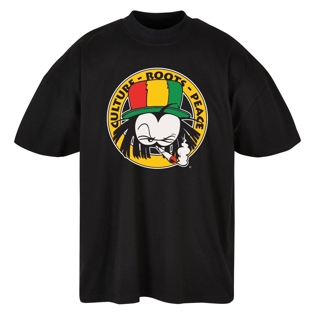 Black Dready Culture Roots Peace T-shirt featuring a colourful circular graphic on the front.