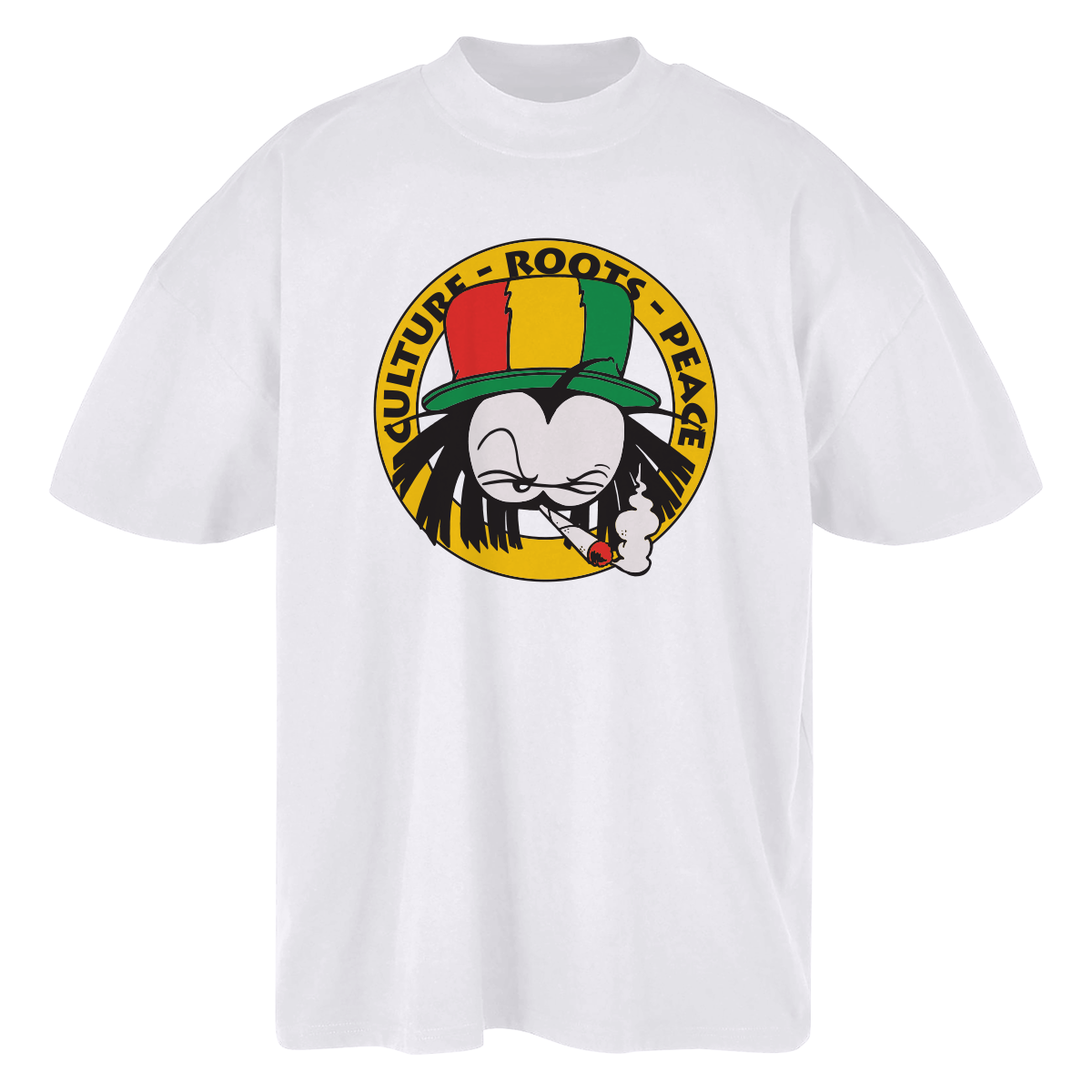 White Dready Culture Roots Peace T-shirt featuring a colourful circular graphic on the front.