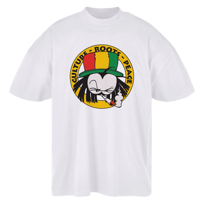 White Dready Culture Roots Peace T-shirt featuring a colourful circular graphic on the front.