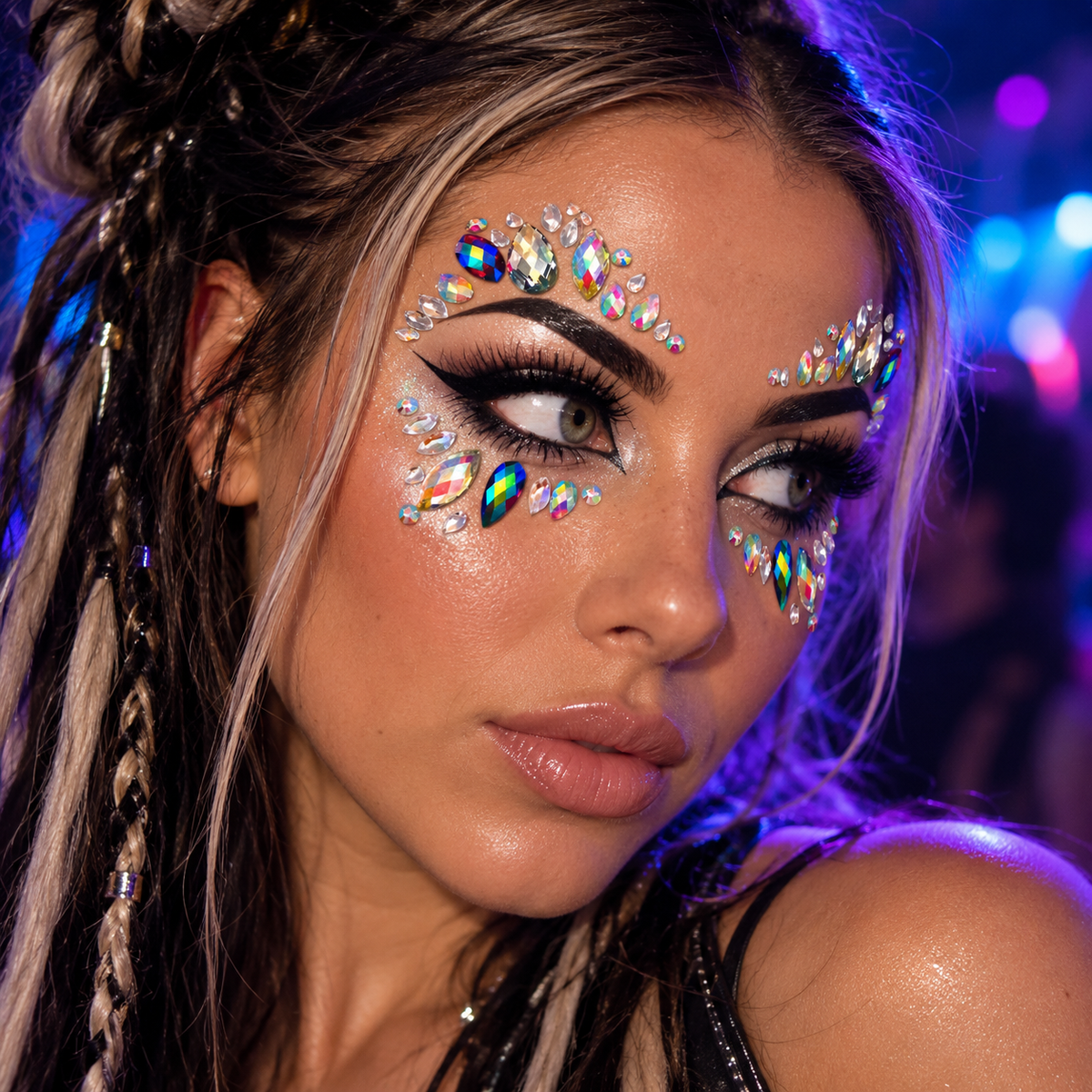 Woman wearing Electra iridescent festival face jewels around her eyes at a neon rave