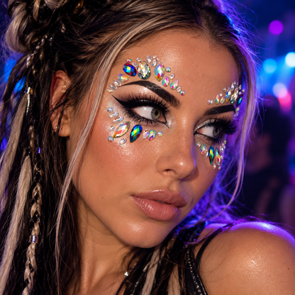 Woman wearing Electra iridescent festival face jewels around her eyes at a neon rave