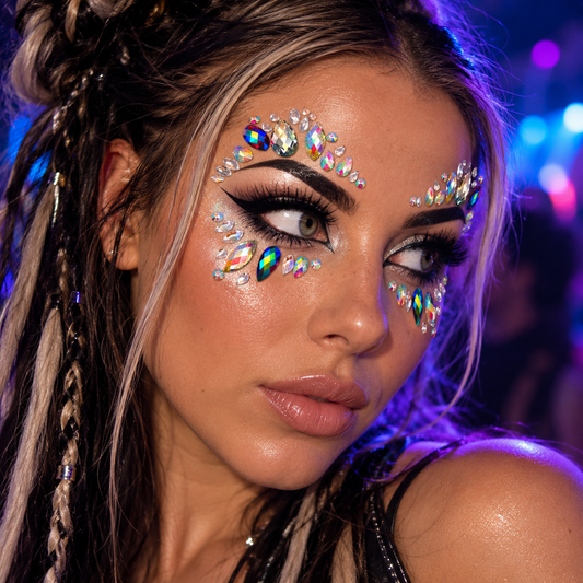 Woman wearing Electra iridescent festival face jewels around her eyes at a neon rave