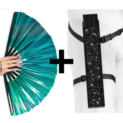Emerald iridescent festival fan with black glitter holster bundle option
