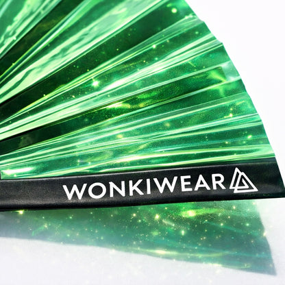 Close up of emerald iridescent festival fan showing WonkiWear logo and reflective detail