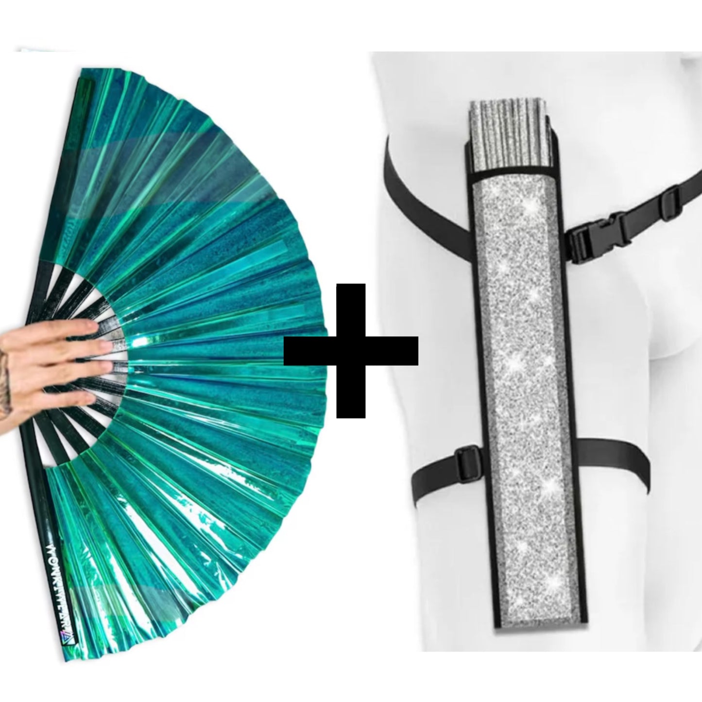Emerald iridescent festival fan with silver glitter holster bundle option