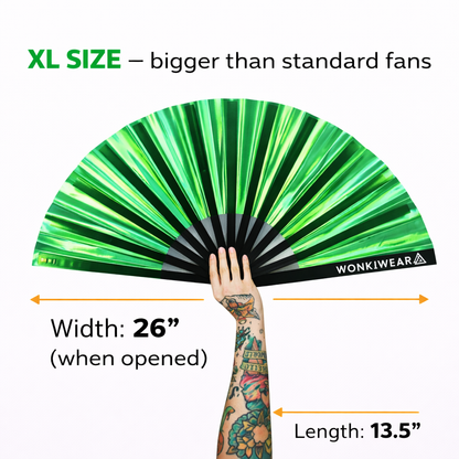 Emerald iridescent festival fan XL size dimensions 26 inch width and 13.5 inch length
