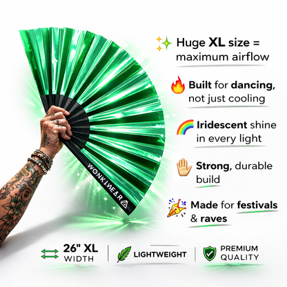 Emerald iridescent festival fan features including XL size airflow and durable build