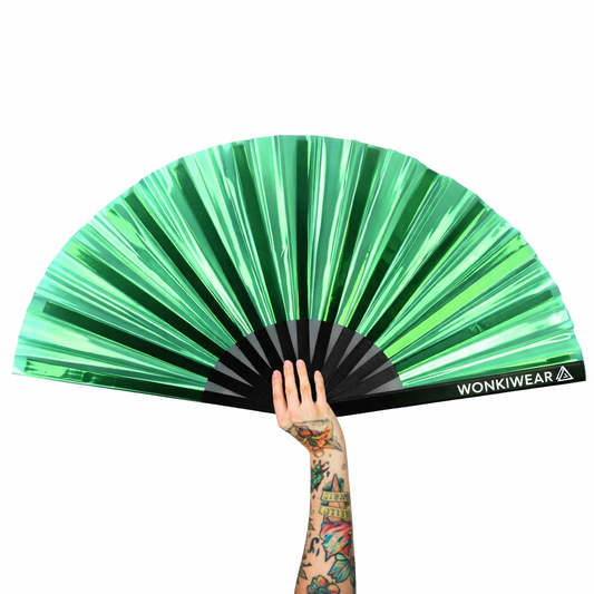 Emerald iridescent festival fan XL by WonkiWear held open showing reflective green finish