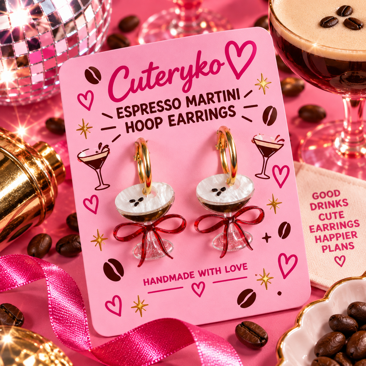 Espresso Martini hoop earrings with coffee bean details and red bow charms by Cuteryko