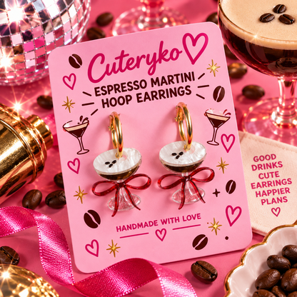 Espresso Martini hoop earrings with coffee bean details and red bow charms by Cuteryko
