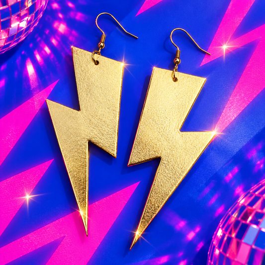 Extra large metallic gold lightning bolt earrings with stainless steel hooks by Trend Tonic