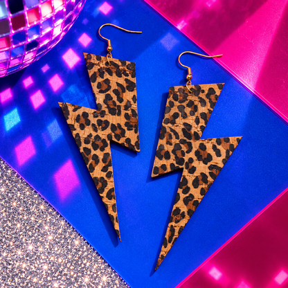 Extra large 10cm leopard print lightning bolt cork earrings with gold hooks by Trend Tonic