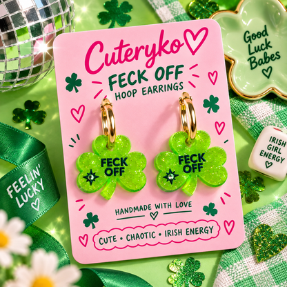 Feck Off hoop earrings with neon green glitter shamrock charms by Cuteryko