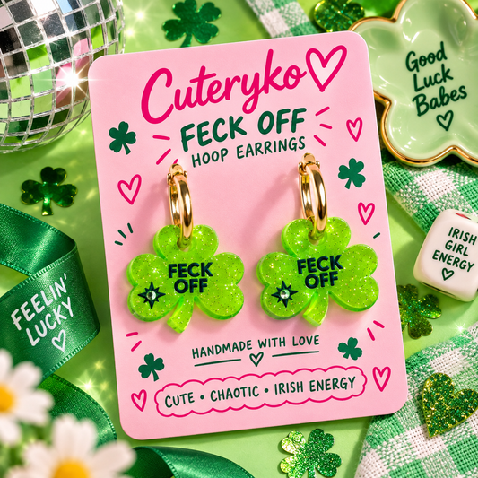 Feck Off hoop earrings with neon green glitter shamrock charms by Cuteryko
