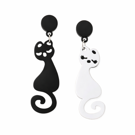 Festival cat earrings UK black and white mismatched drop earrings