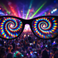 POV through spiral diffraction glasses showing colourful vortex light effects at a festival crowd with lasers
