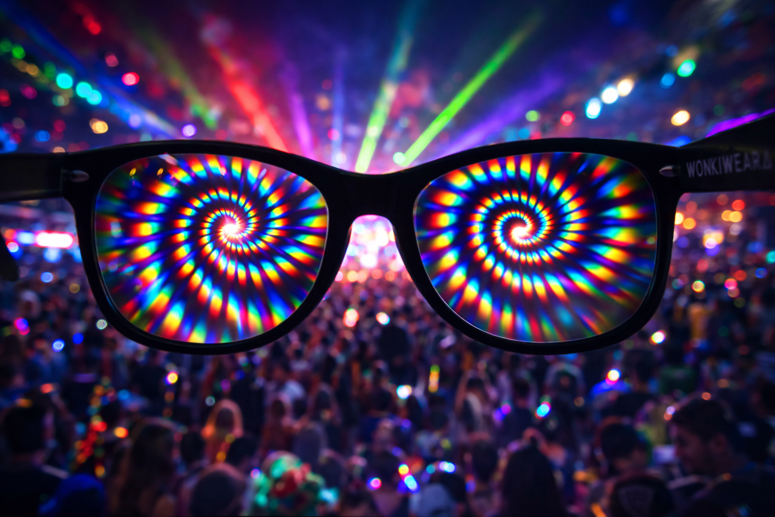 POV through spiral diffraction glasses showing colourful vortex light effects at a festival crowd with lasers