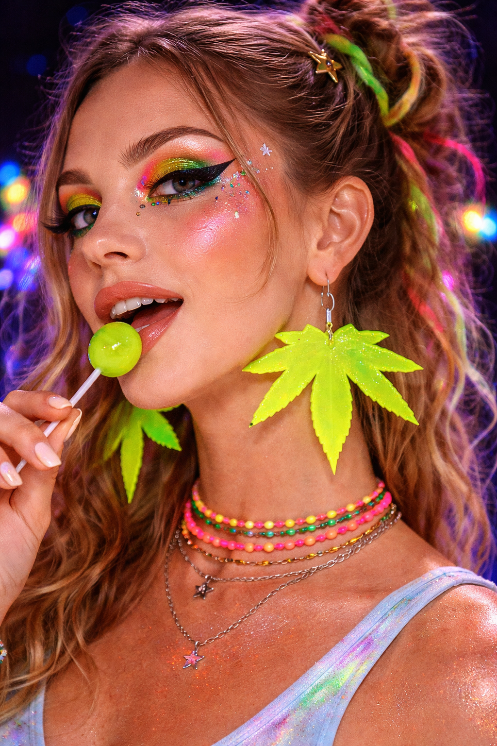Model wearing neon green statement earrings festival outfit