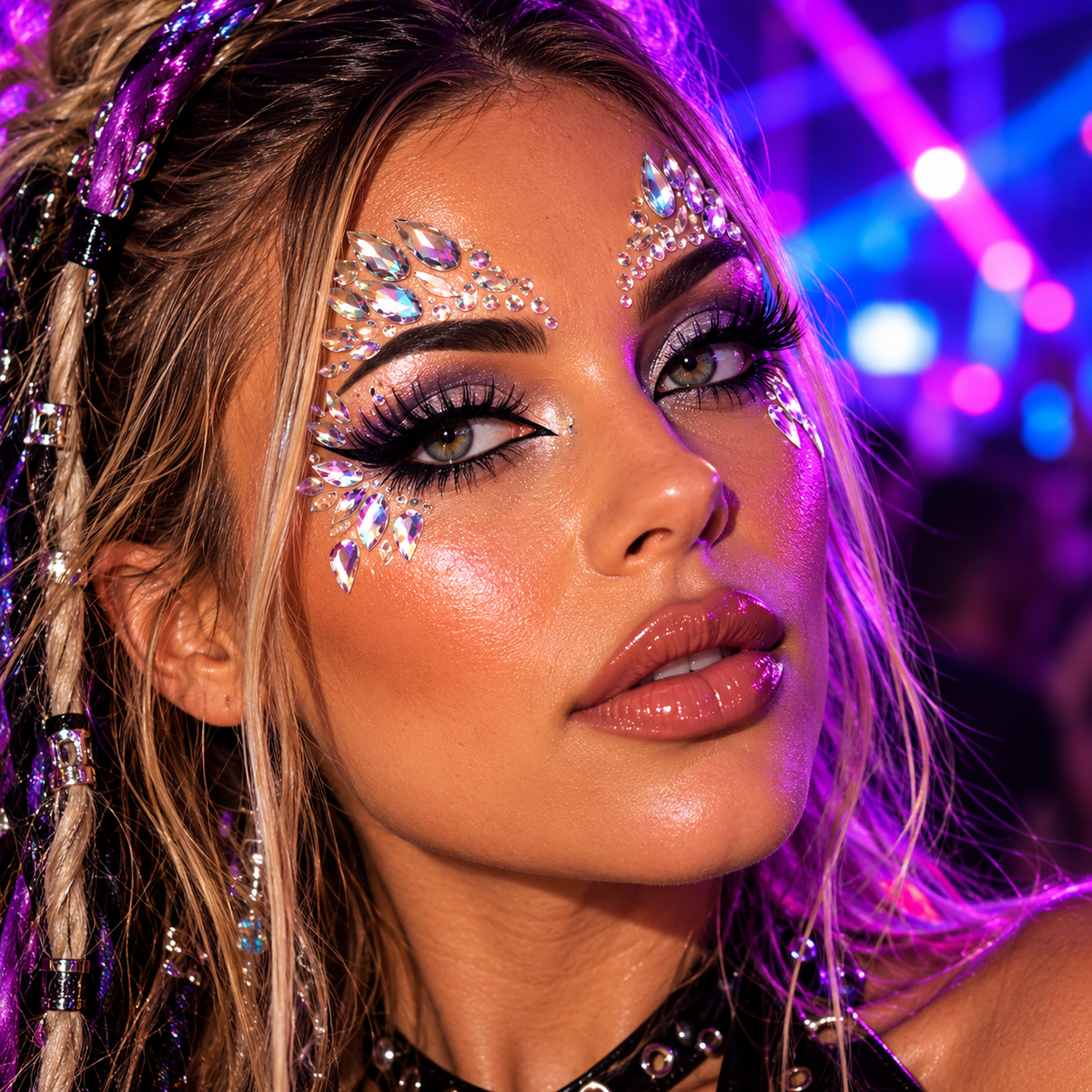 Silver crystal festival face jewels worn around the eyes and brows at a neon rave