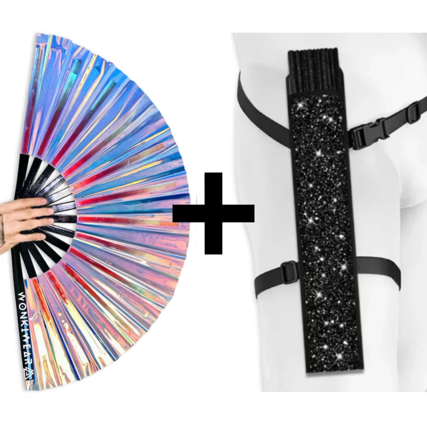 Festival fan with black glitter strap case for hands free carrying