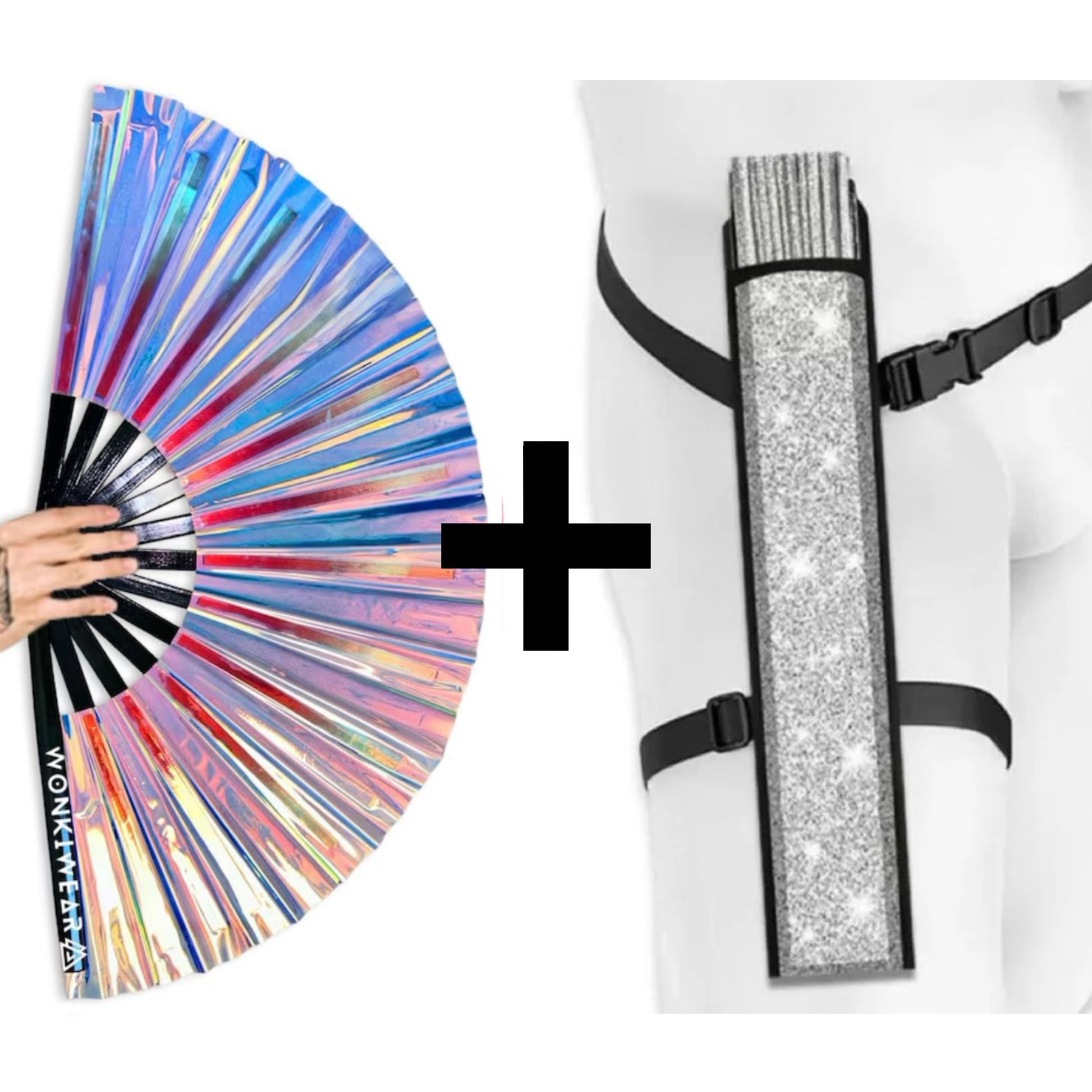 Festival fan with silver glitter strap case accessory bundle for festivals