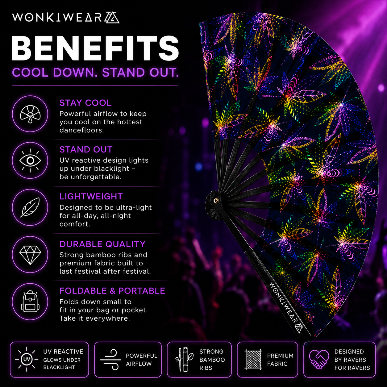 Benefits infographic for WonkiWear UV reactive folding festival fan