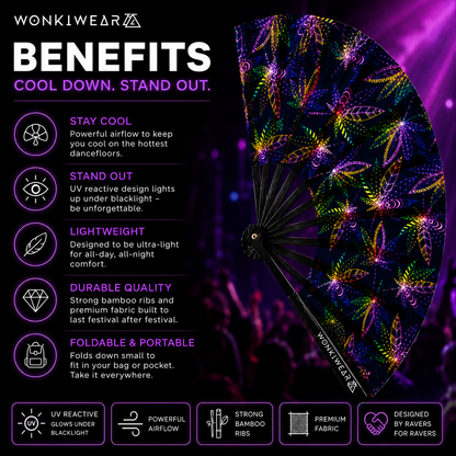 Benefits infographic for WonkiWear UV reactive folding festival fan