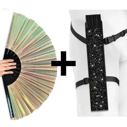 Pearl festival fan with black glitter leg holster bundle for hands-free rave accessory