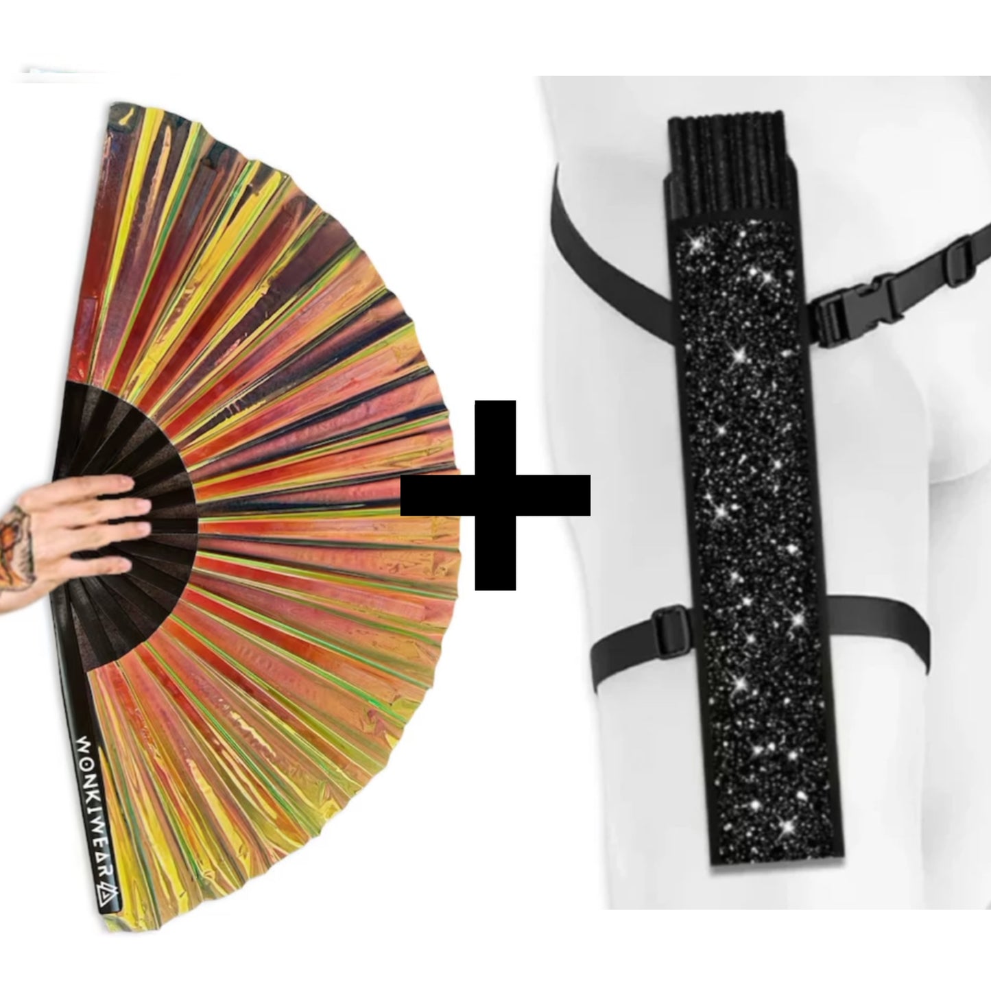 Festival fan with black glitter strap case for hands free carrying at festivals